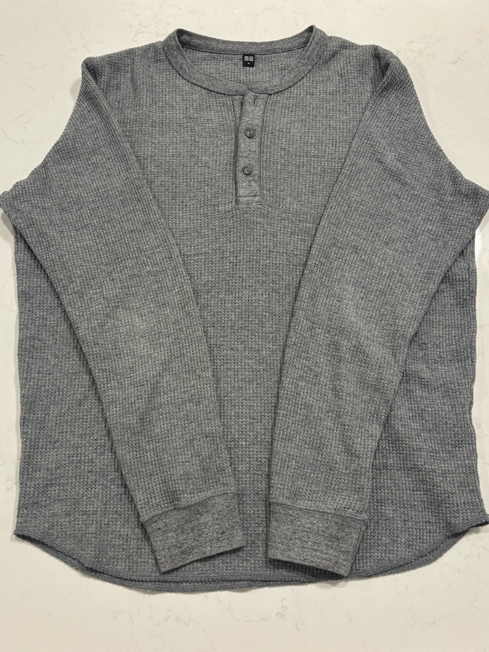 Uniqlo Grey Waffle Knit Henley Long Sleeve Shirt